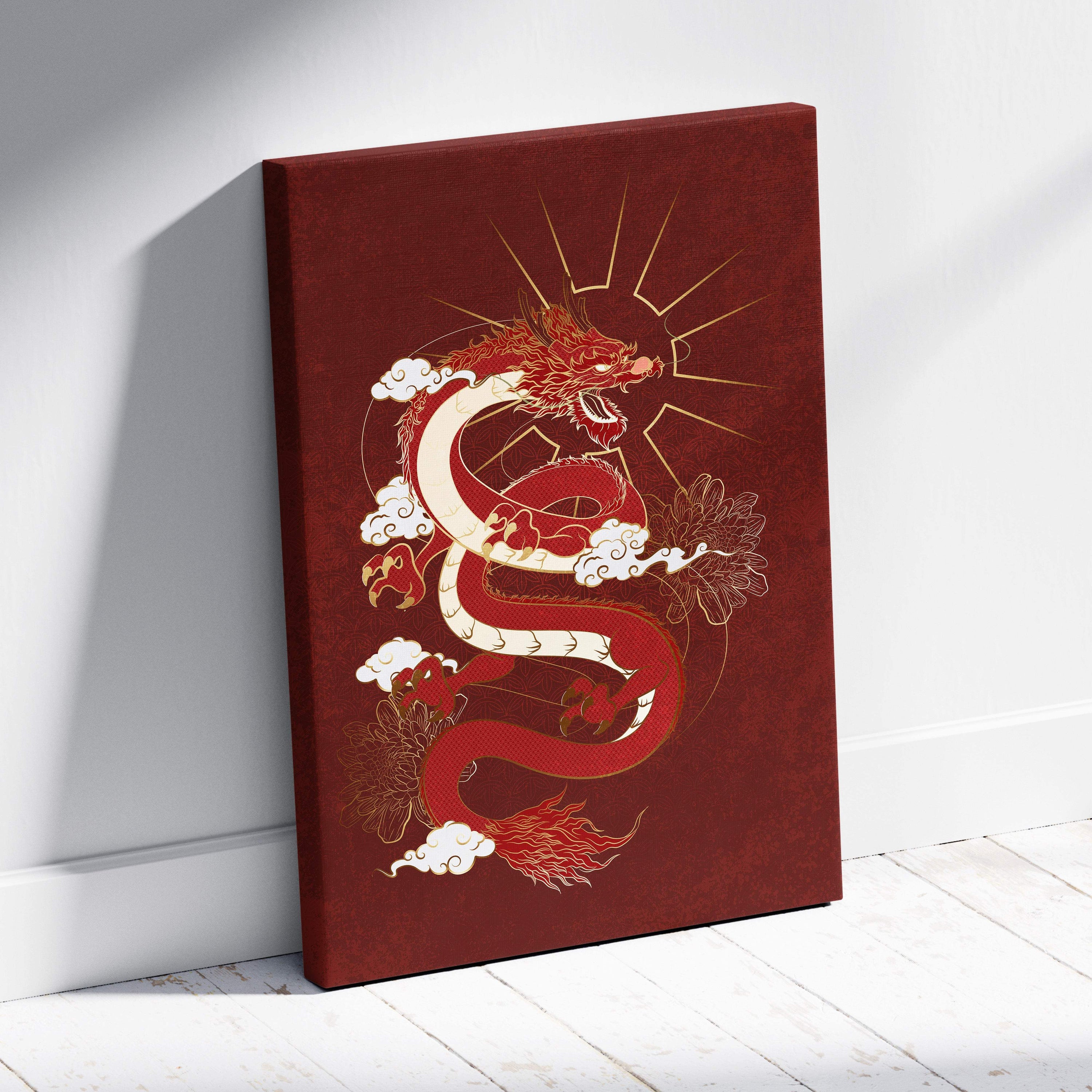 Red japanese dragon canvas wall art with gold clouds on deep maroon fabric perfect for game room or bedroom decor