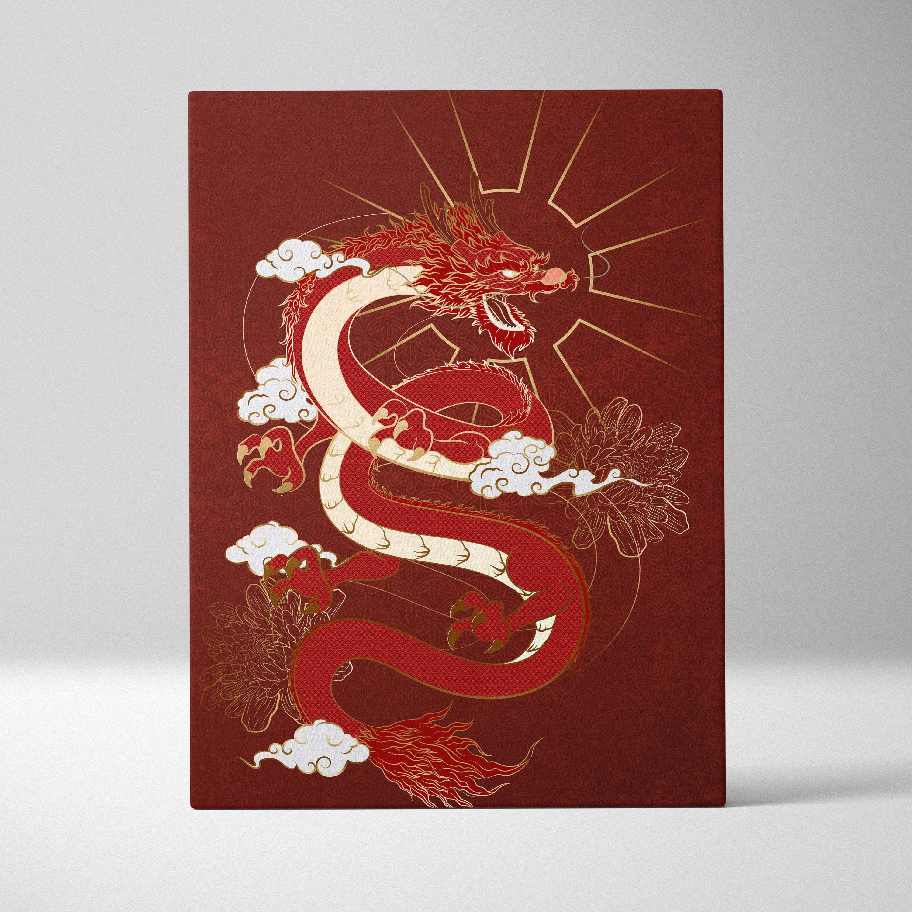Red japanese dragon canvas wall art with intricate gold detailing coils on maroon background with white clouds and floral motifs