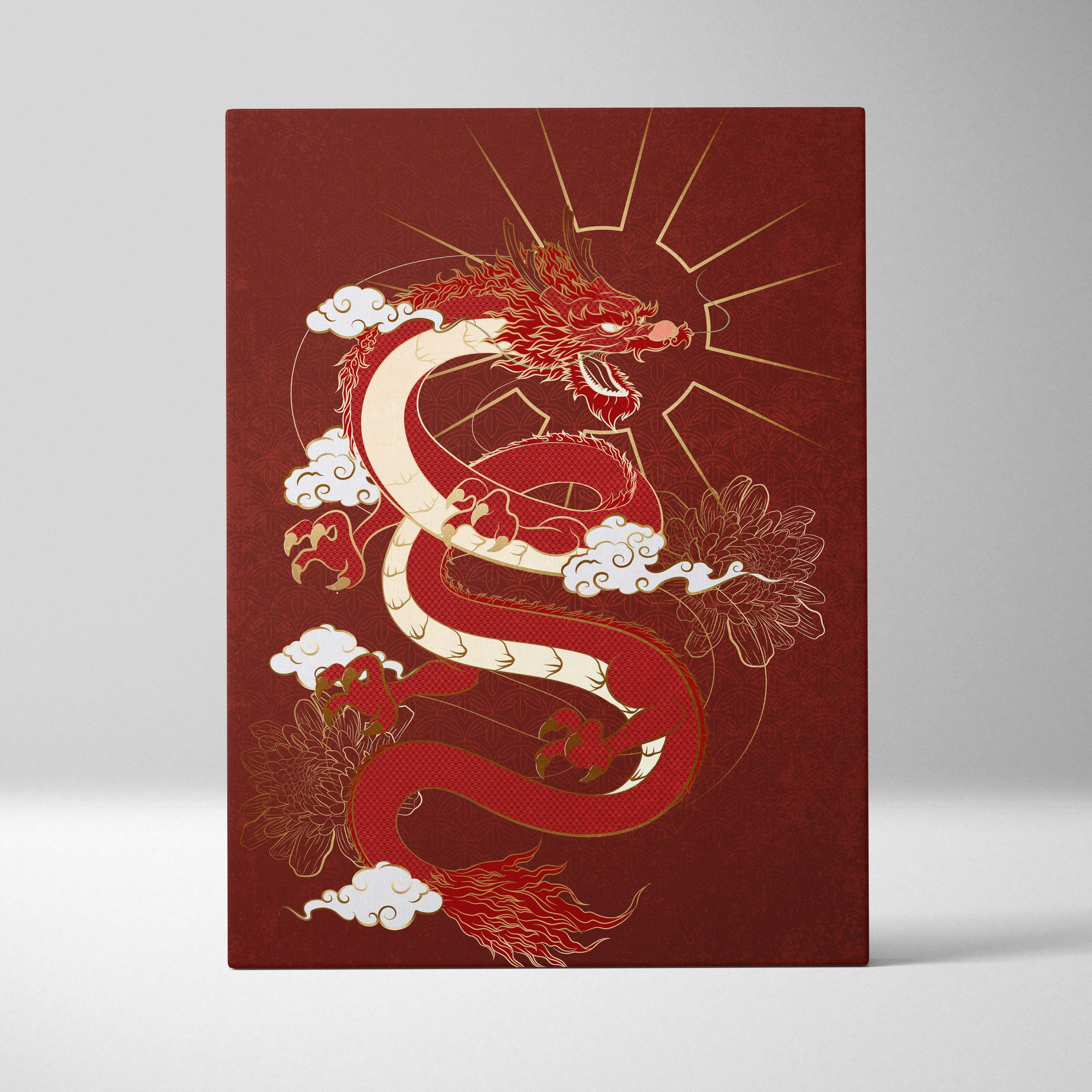 Red japanese dragon canvas wall art with intricate gold detailing coils on maroon background with white clouds and floral motifs