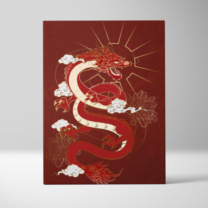 Red japanese dragon canvas wall art with intricate gold detailing coils on maroon background with white clouds and floral motifs