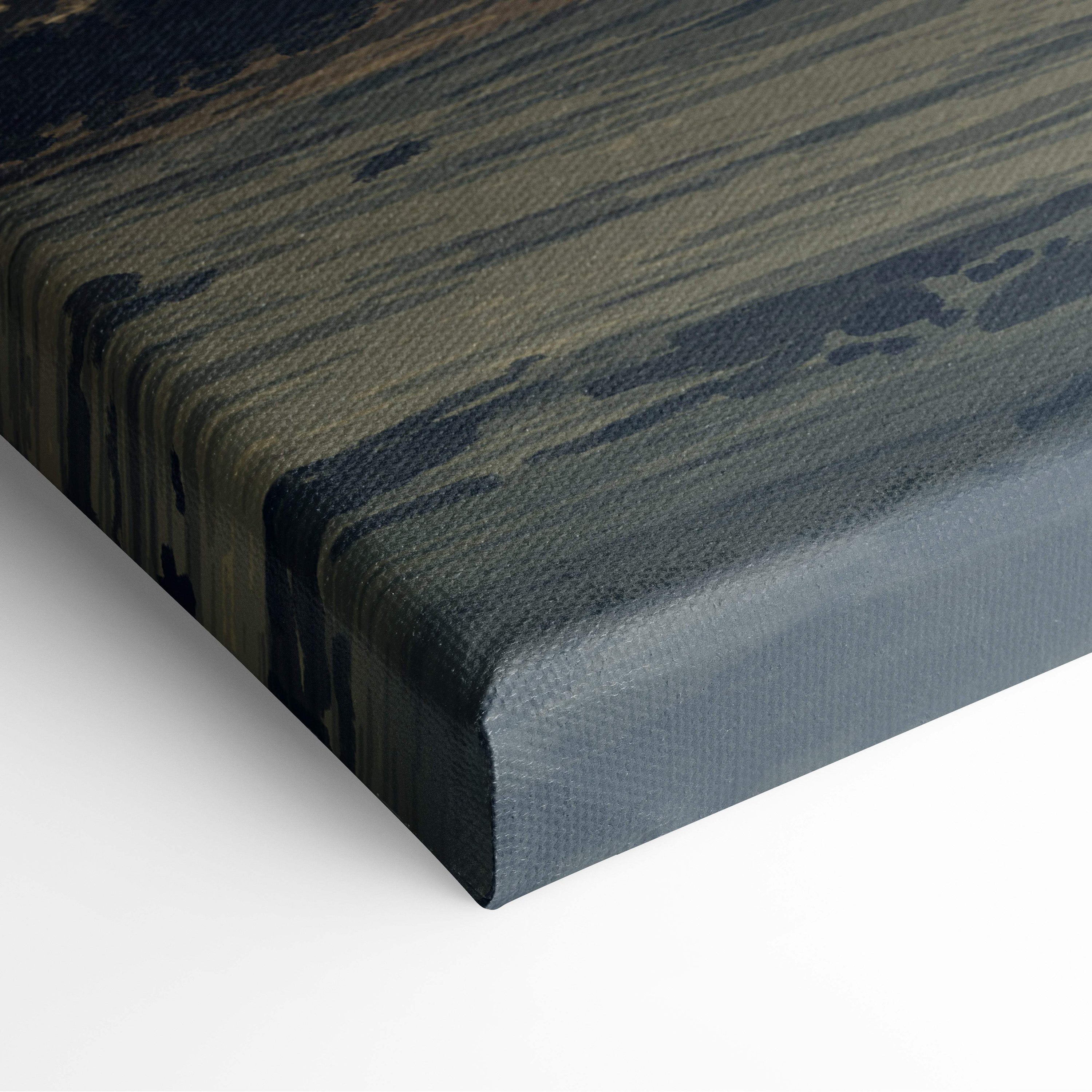 Dark gray canvas print with textured abstract brushstrokes in muted earth tones for serene beach wall decor