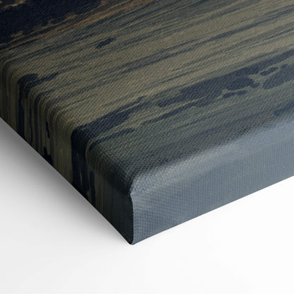 Dark gray canvas print with textured abstract brushstrokes in muted earth tones for serene beach wall decor