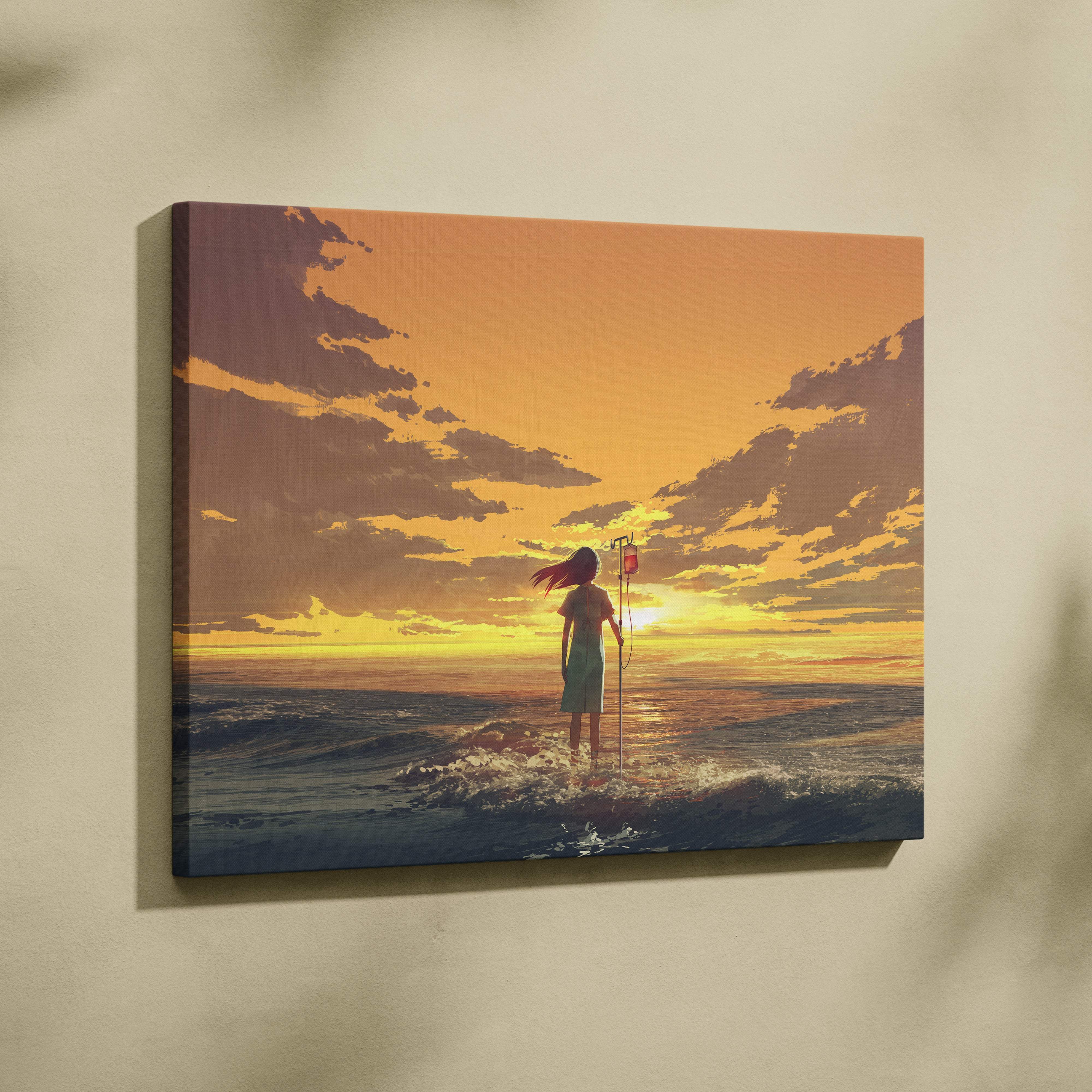 Rectangular canvas print of a girl in teal dress with iv pole at ocean edge during sunset with golden sky and calm waves