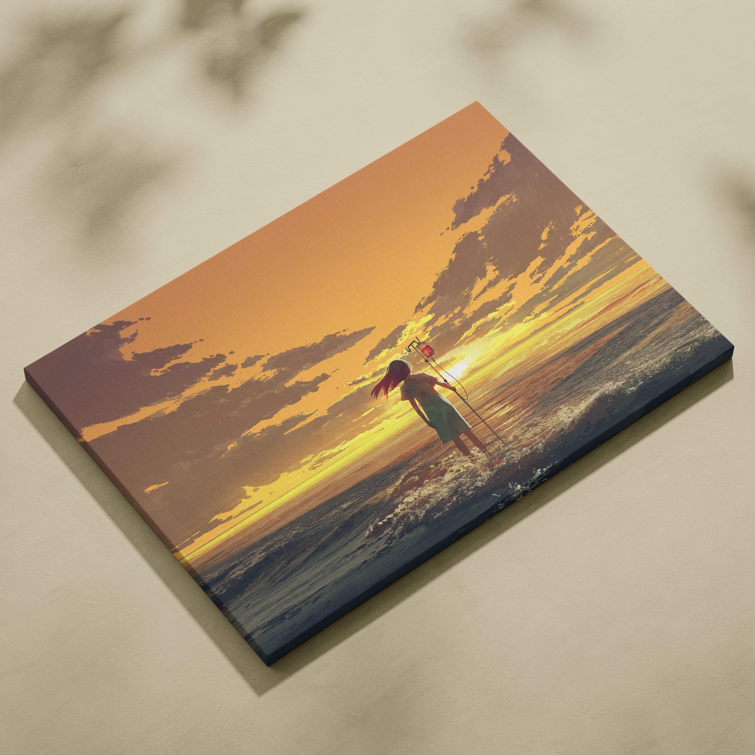 Rectangular canvas print of a red-haired anime girl holding a flag in shallow ocean water at sunset with golden sky