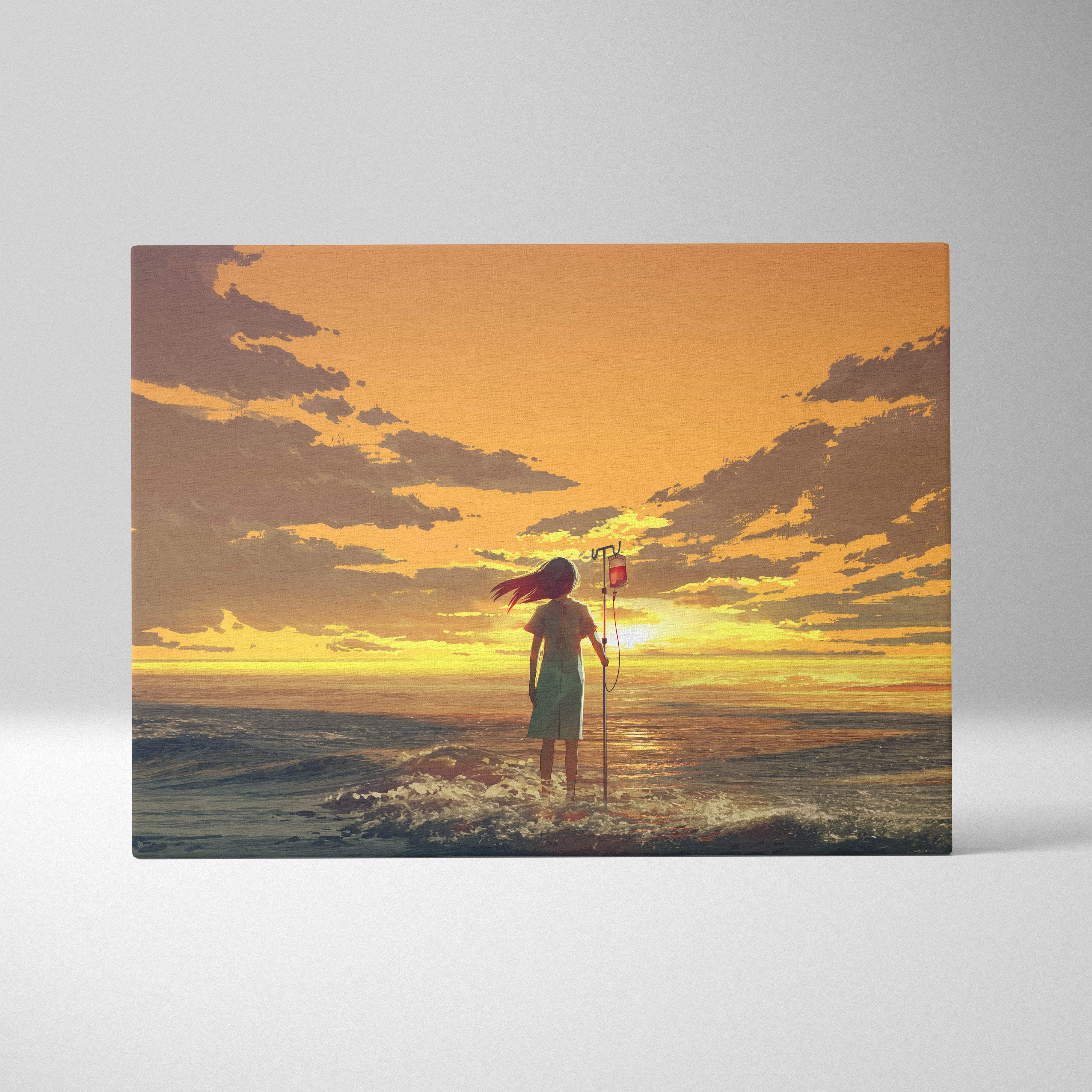 Rectangular canvas print of a girl in a light green dress holding an iv bag by the ocean at sunset with warm skies