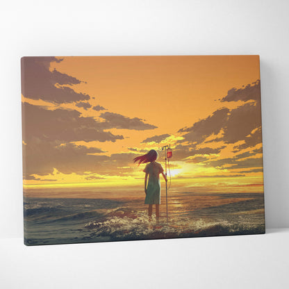 Canvas print of a girl in a light green dress holding an iv bag at ocean sunset with golden sky and calm waves