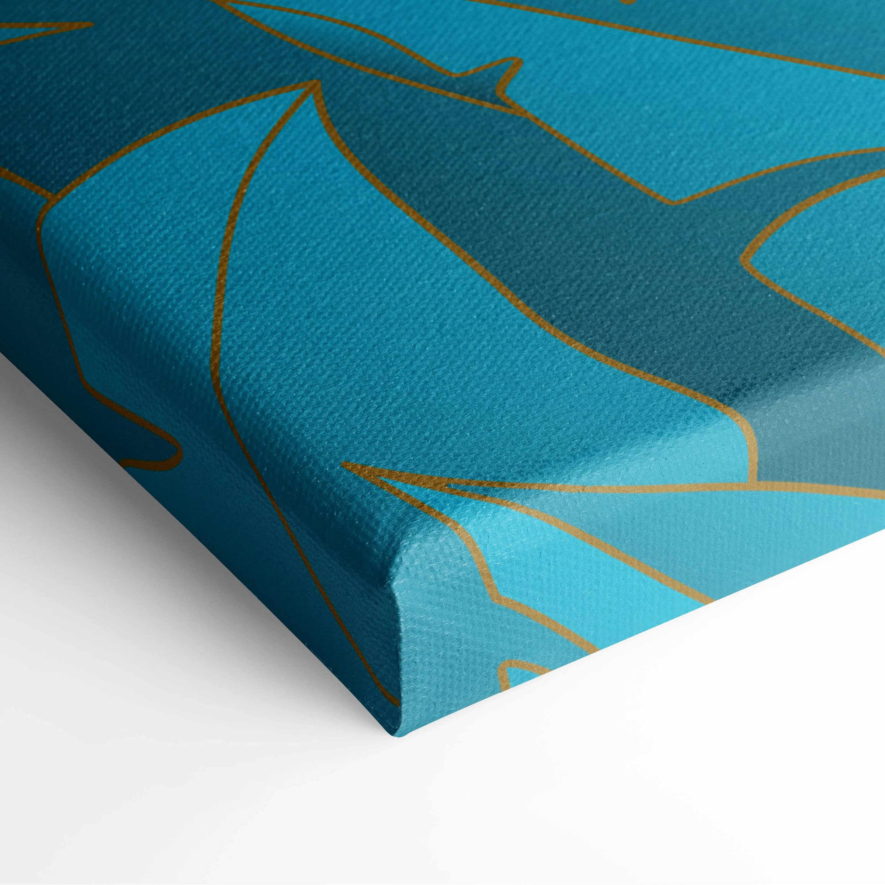 Teal canvas print with abstract gold-outlined whale silhouettes