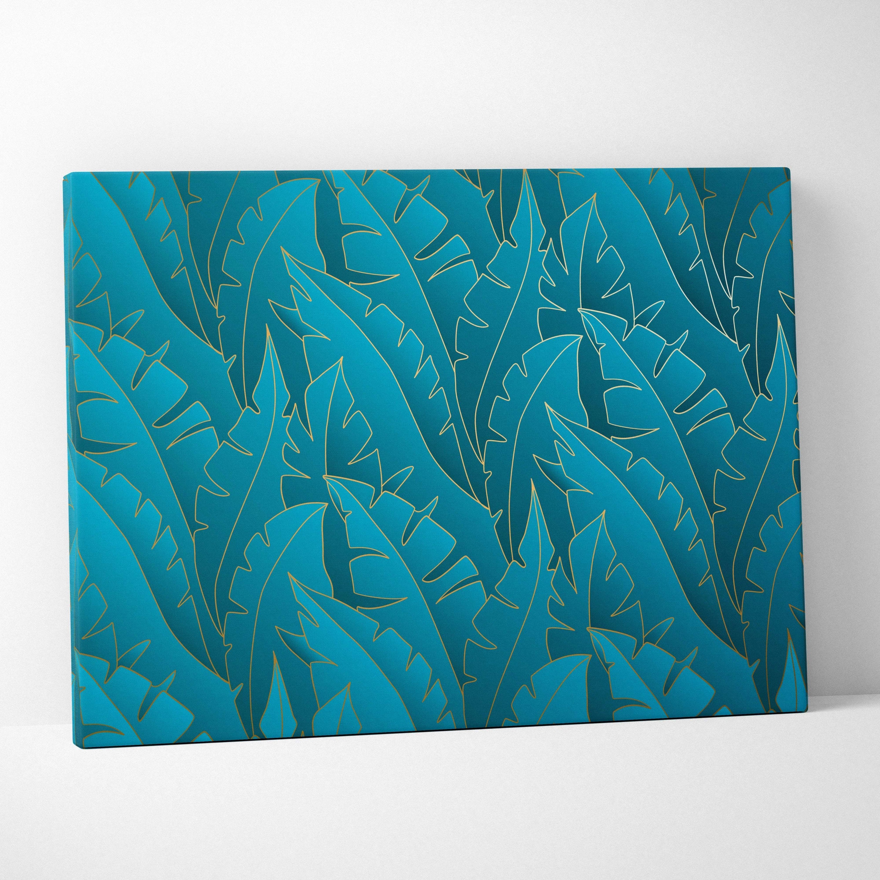 Luxe teal canvas print with gold-outlined tropical leaves