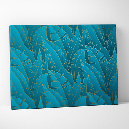 Luxe teal canvas print with gold-outlined tropical leaves