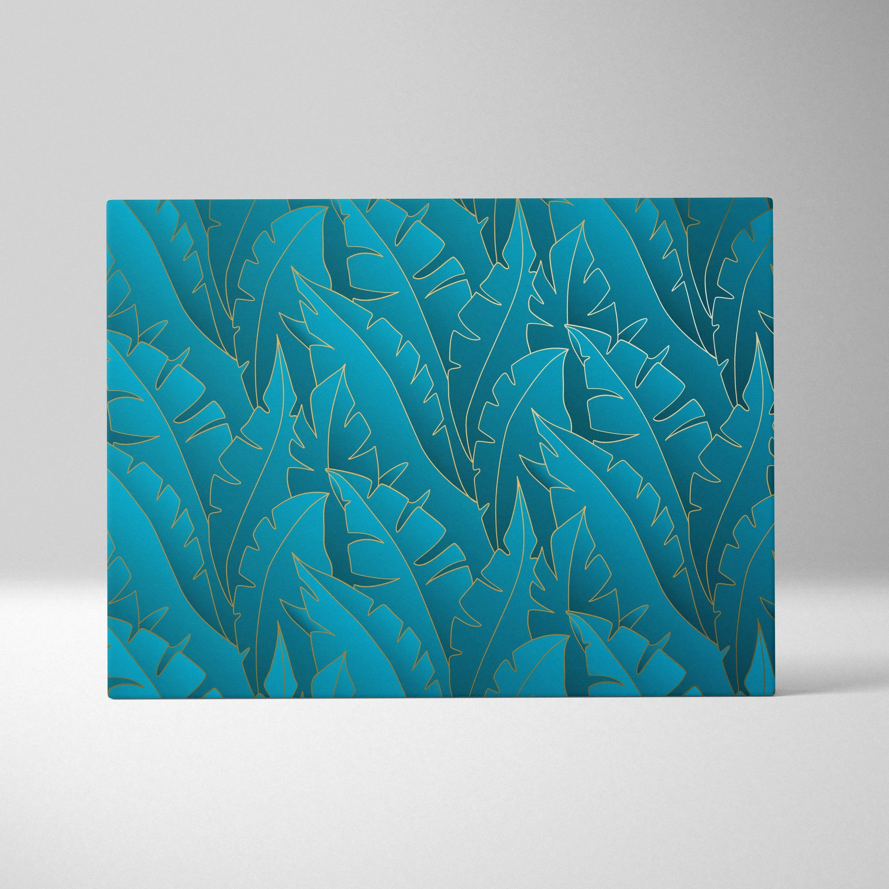 Luxe teal tropical leaf canvas art with gold outlines