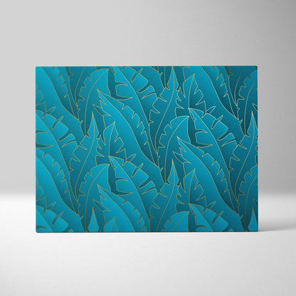 Luxe teal tropical leaf canvas art with gold outlines