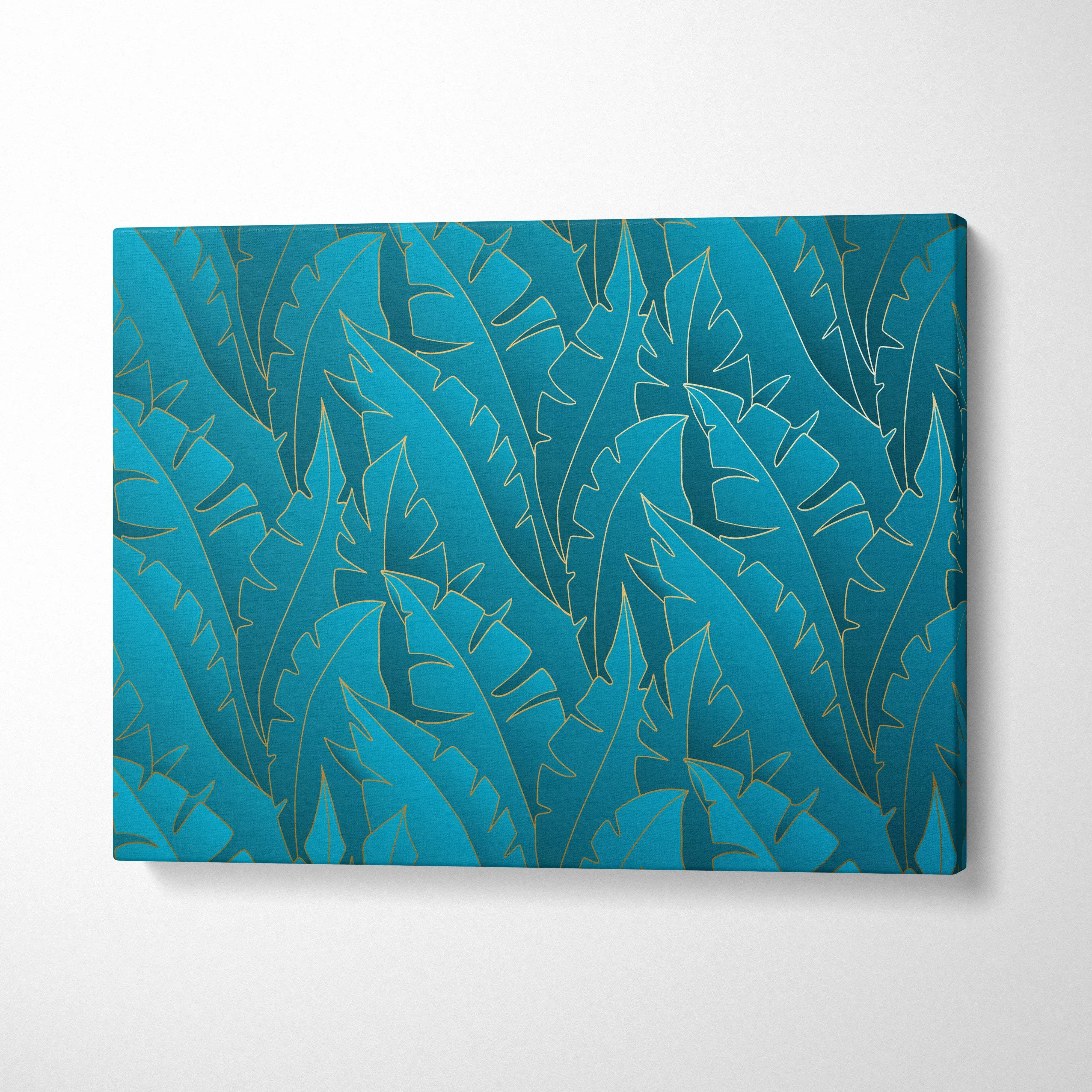 Luxe teal canvas print with gold-outlined tropical leaves