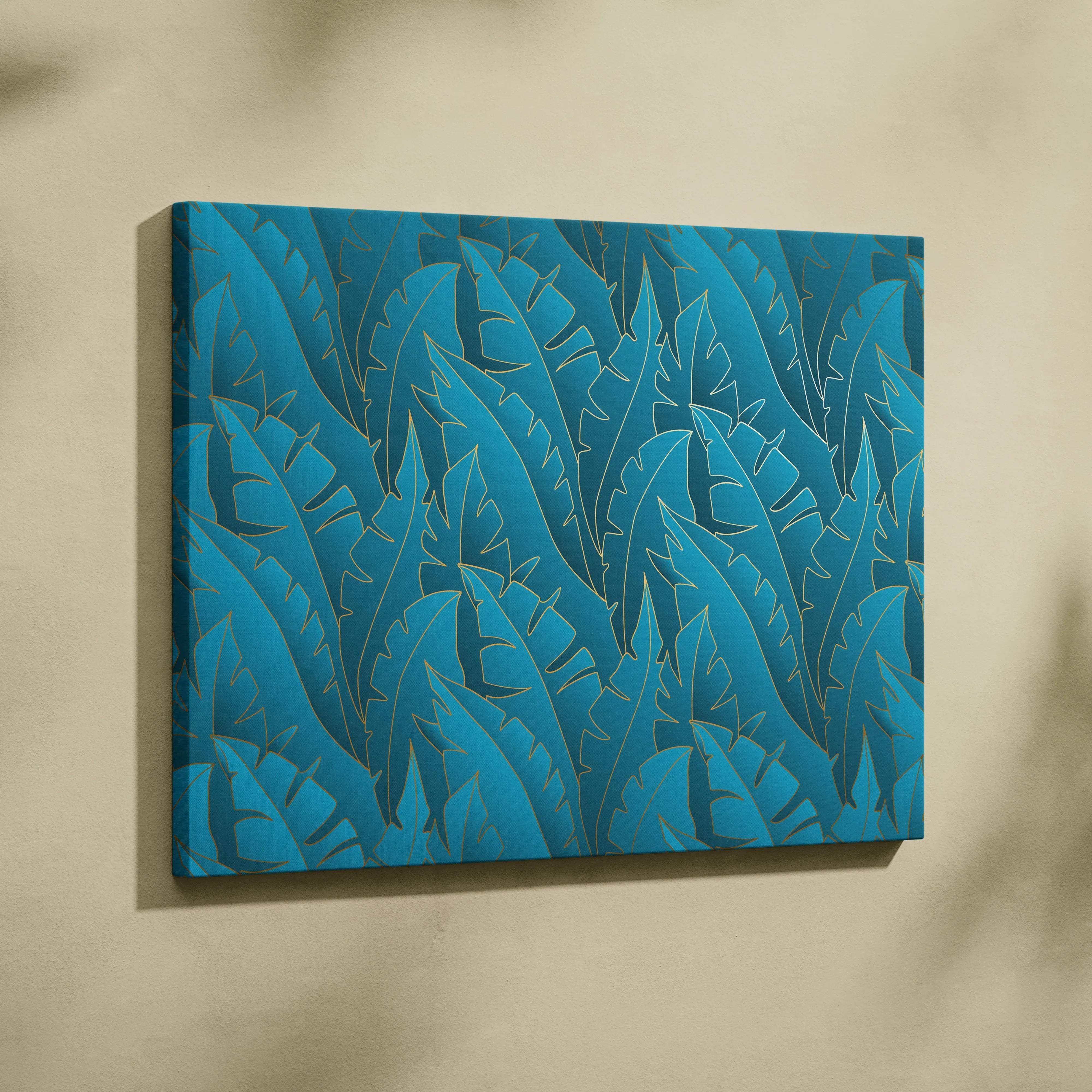 Luxe tropical leaf canvas art with gold-traced outlines on teal background