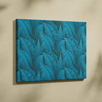 Luxe tropical leaf canvas art with gold-traced outlines on teal background