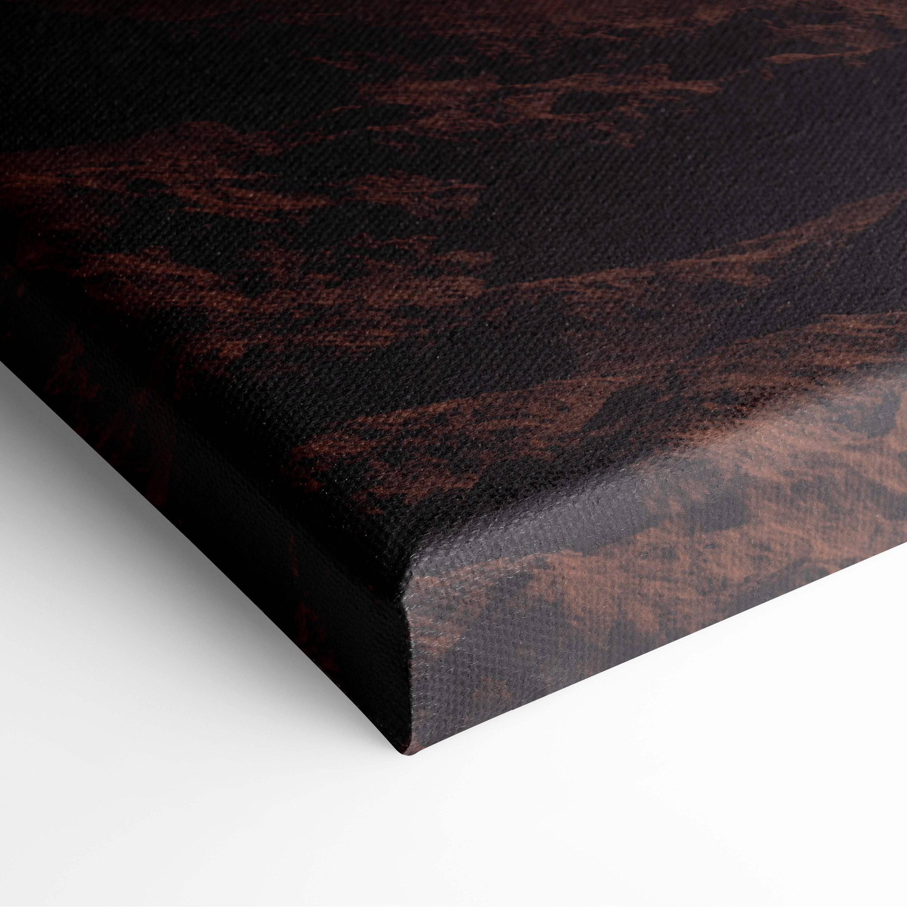 Dark brown canvas print with textured distressed finish featuring alien planet mountain purple pink sci fi landscape decor