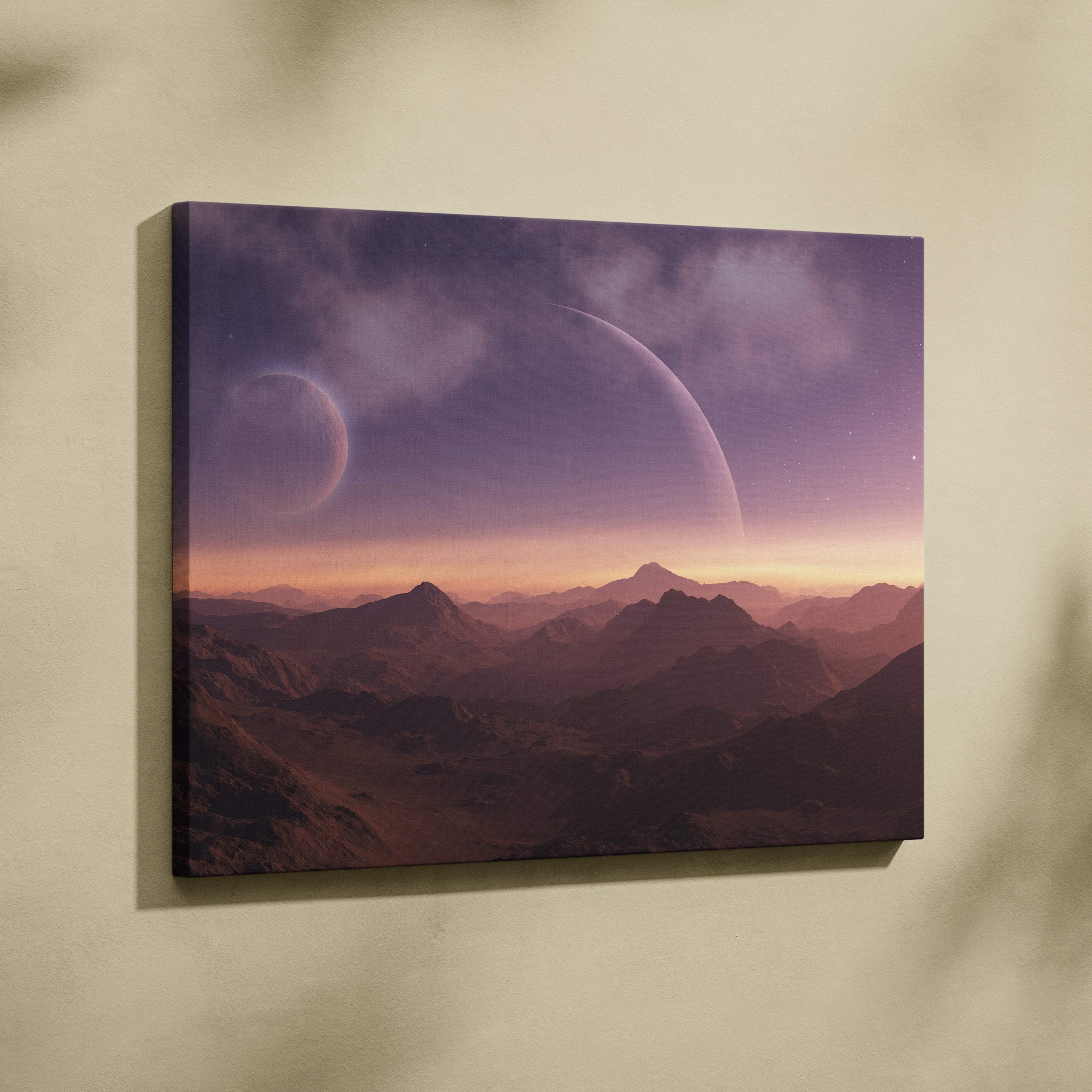 Purple and orange celestial landscape canvas print with two crescent moons over rugged mountains for sci fi decor
