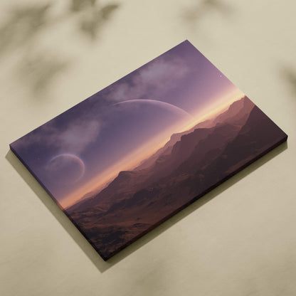 Rectangular canvas print of a surreal purple and orange alien planet mountain landscape with two crescent moons for sci fi decor