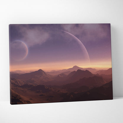 A rectangular canvas print of a purple and pink alien planet mountain landscape under a twilight sky with two crescent moons
