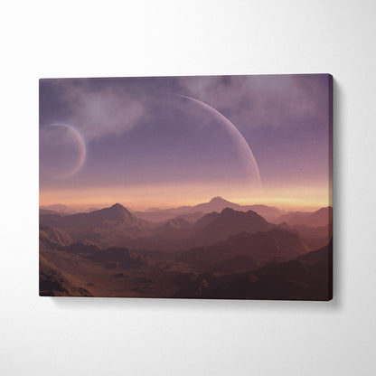 Alien planet mountain canvas wall art print with purple and pink sci fi landscape for futuristic bedroom or office decor