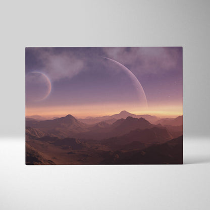 Alien planet mountain canvas wall art print featuring surreal purple and pink layered mountains under twilight moons