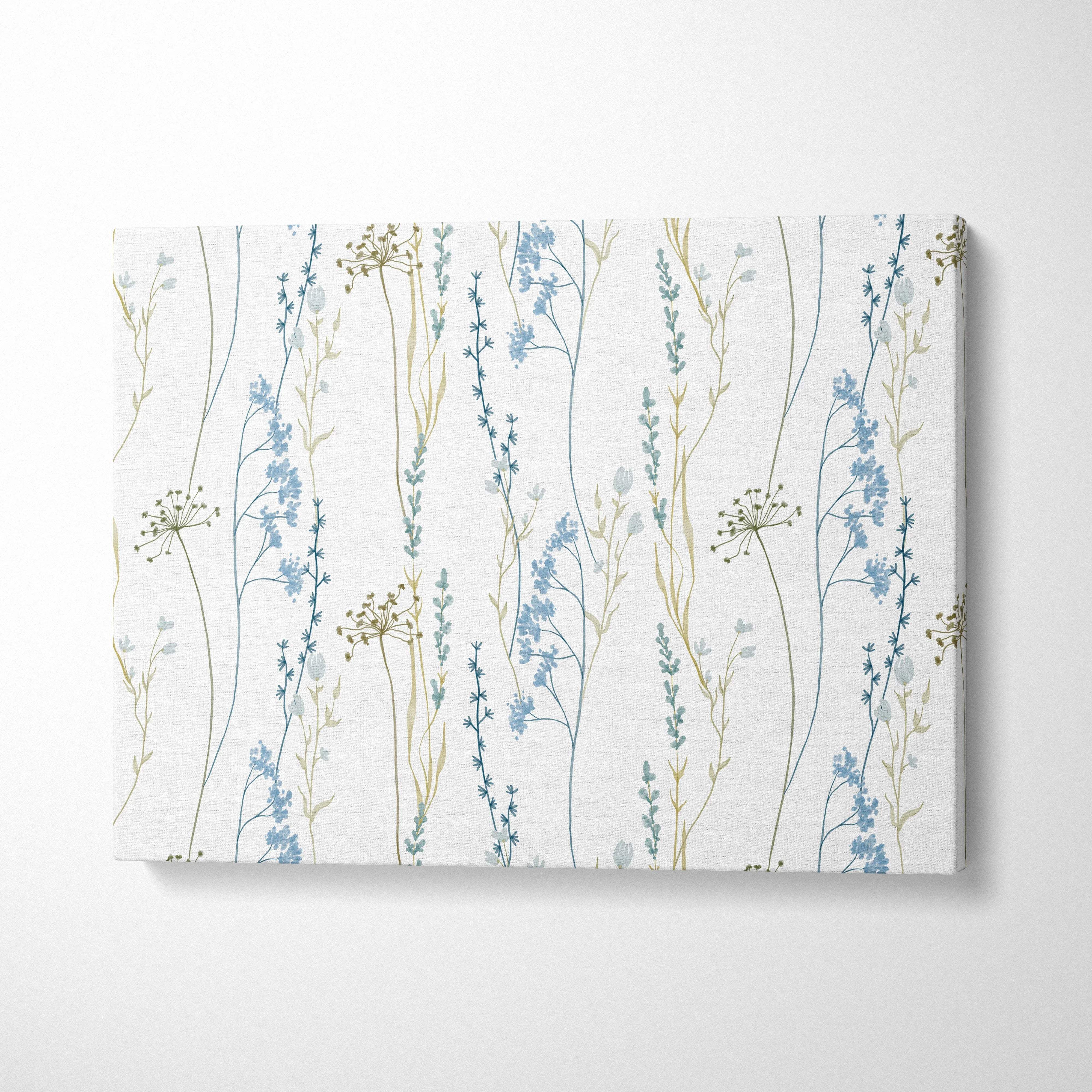Seamless meadow wildflower canvas wall art in blue sage green watercolor