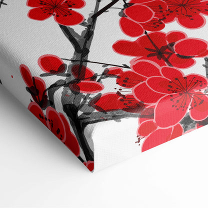 Red sun koi fish canvas print featuring vibrant red cherry blossoms on black branches for zen living room decor