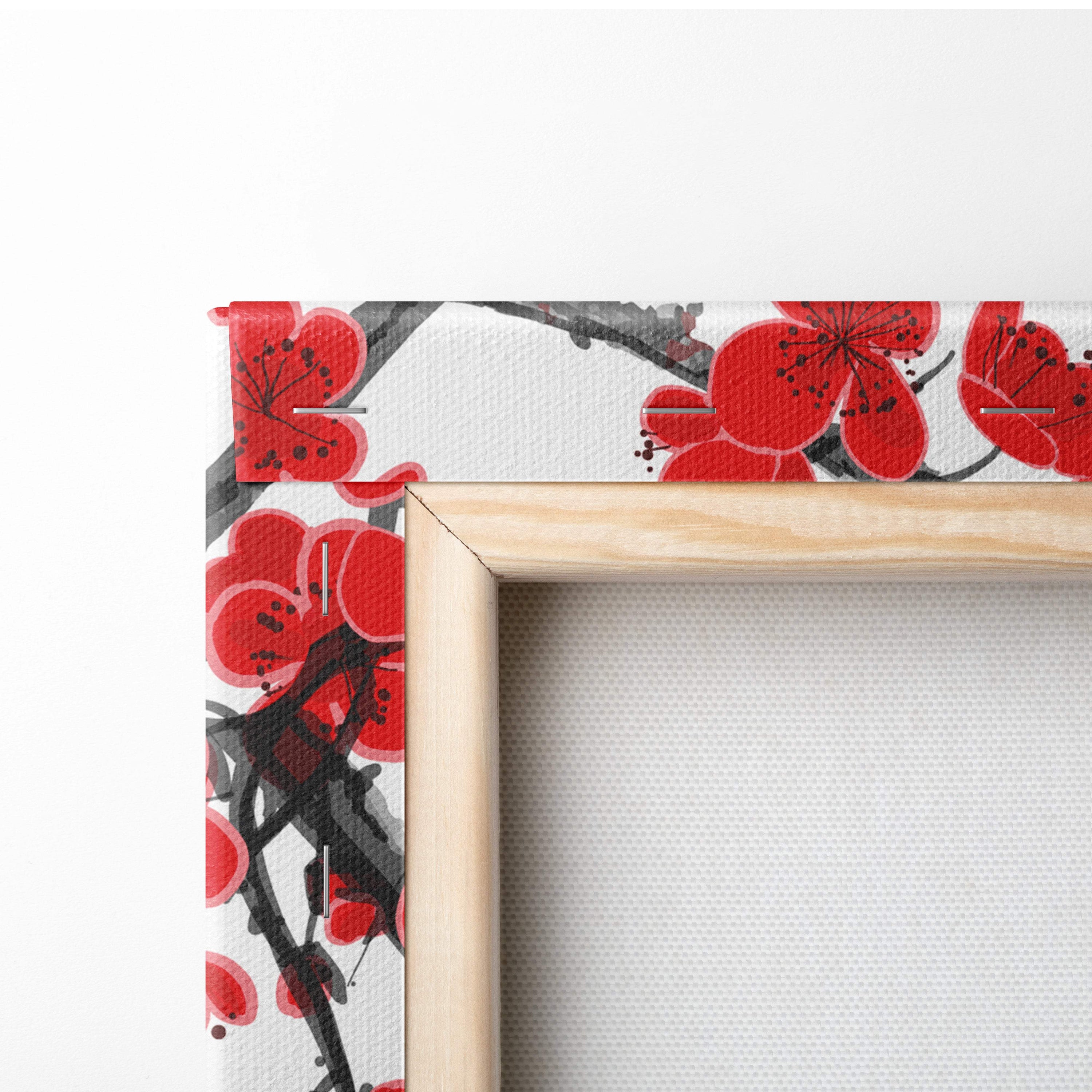 Wooden framed canvas wall art with red and black floral design for zen living room or bedroom decor