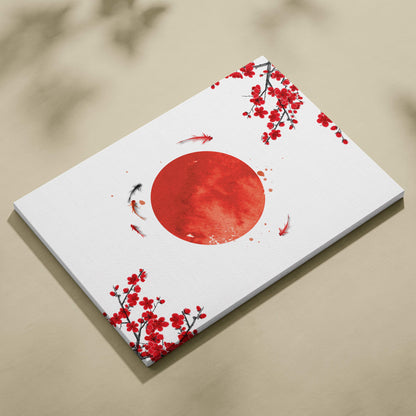 White canvas print featuring a vibrant red sun with black branches and koi fish for zen living room or bedroom decor