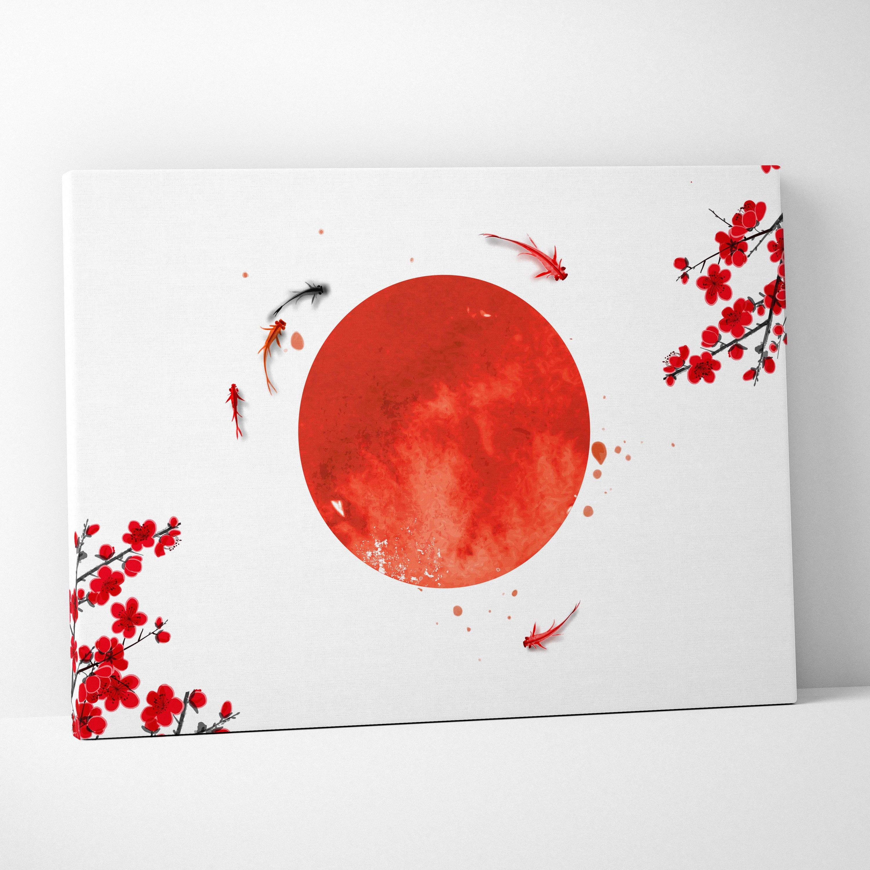 Red sun koi fish canvas wall art print featuring a vibrant red sun with cherry blossoms and stylized fish for zen decor