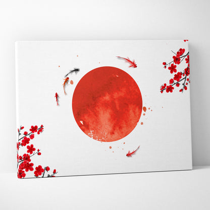 Red sun koi fish canvas wall art print featuring a vibrant red sun with cherry blossoms and stylized fish for zen decor
