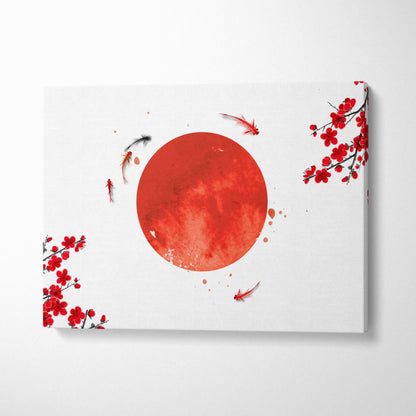White canvas print featuring a vibrant red sun with black cherry blossom branches and koi fish for zen decor