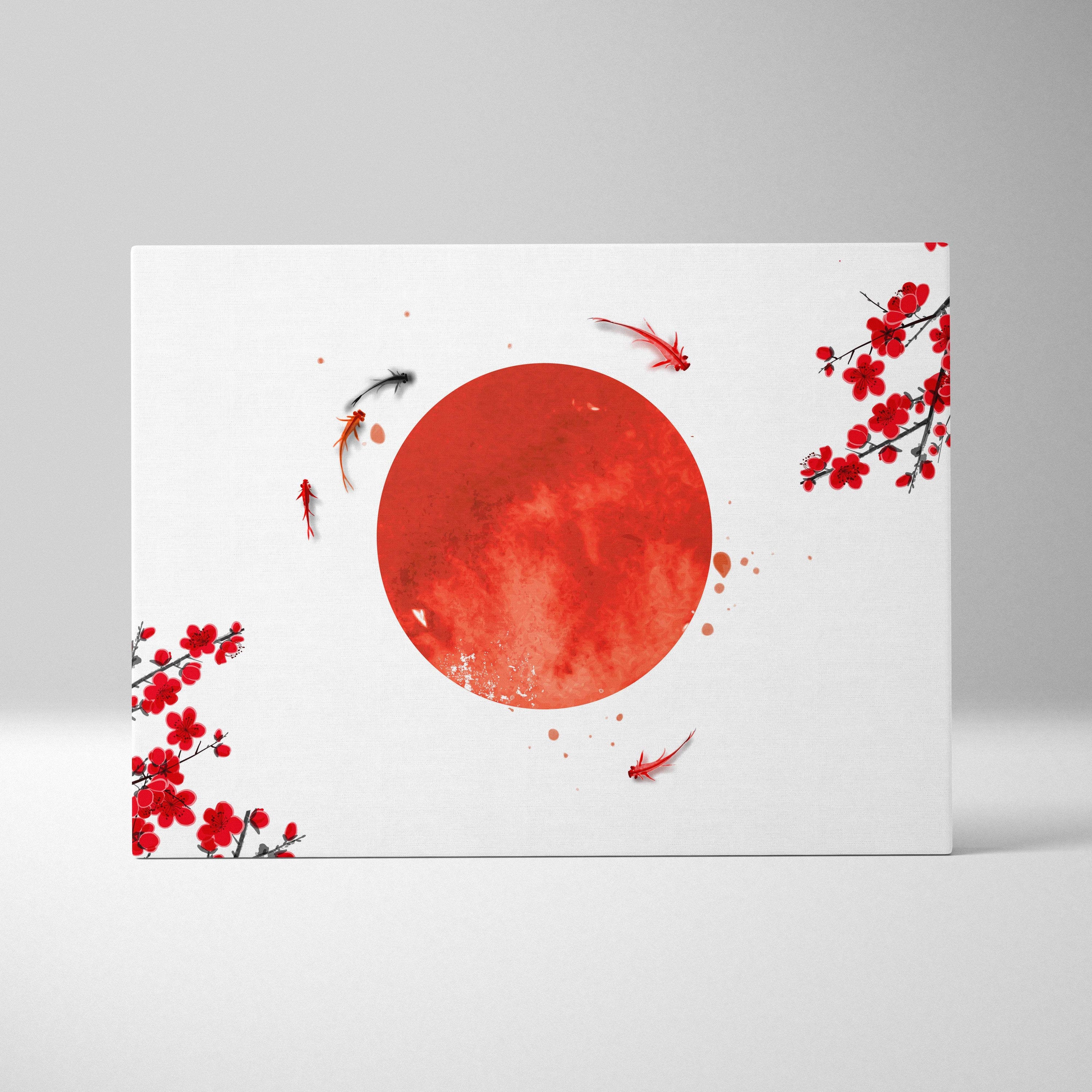 A rectangular canvas print featuring a vibrant red watercolor sun with koi fish and cherry blossoms on white background