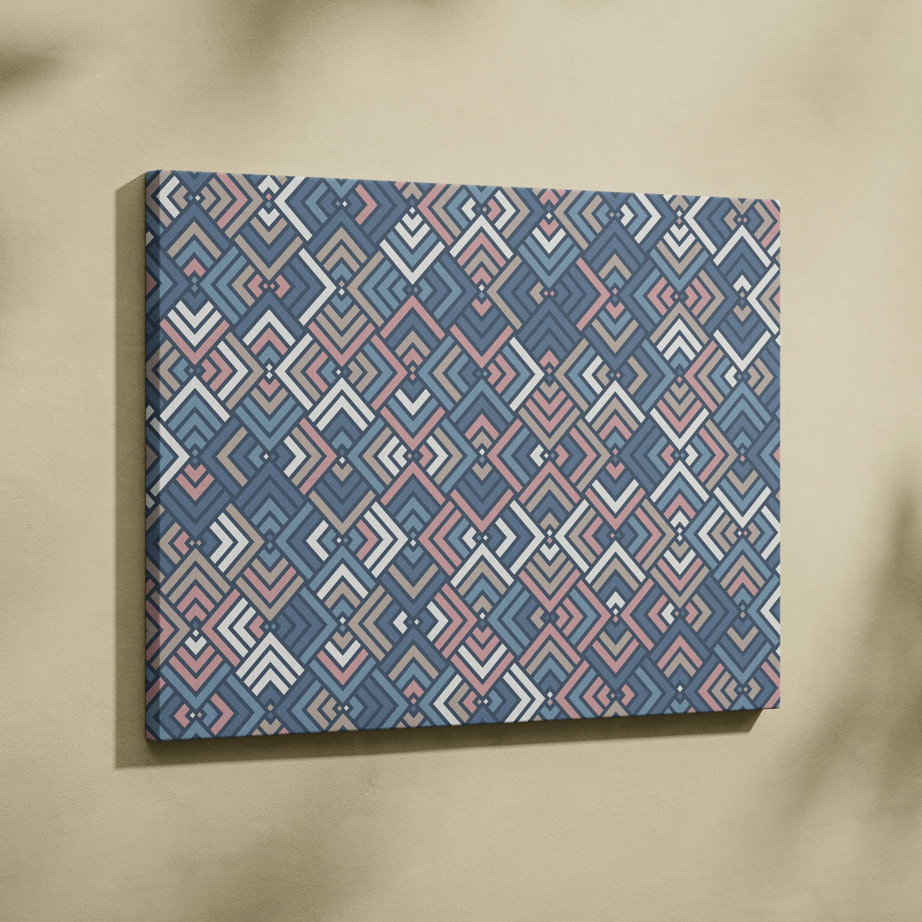Geometric diamond canvas wall art with layered blue pink chevrons