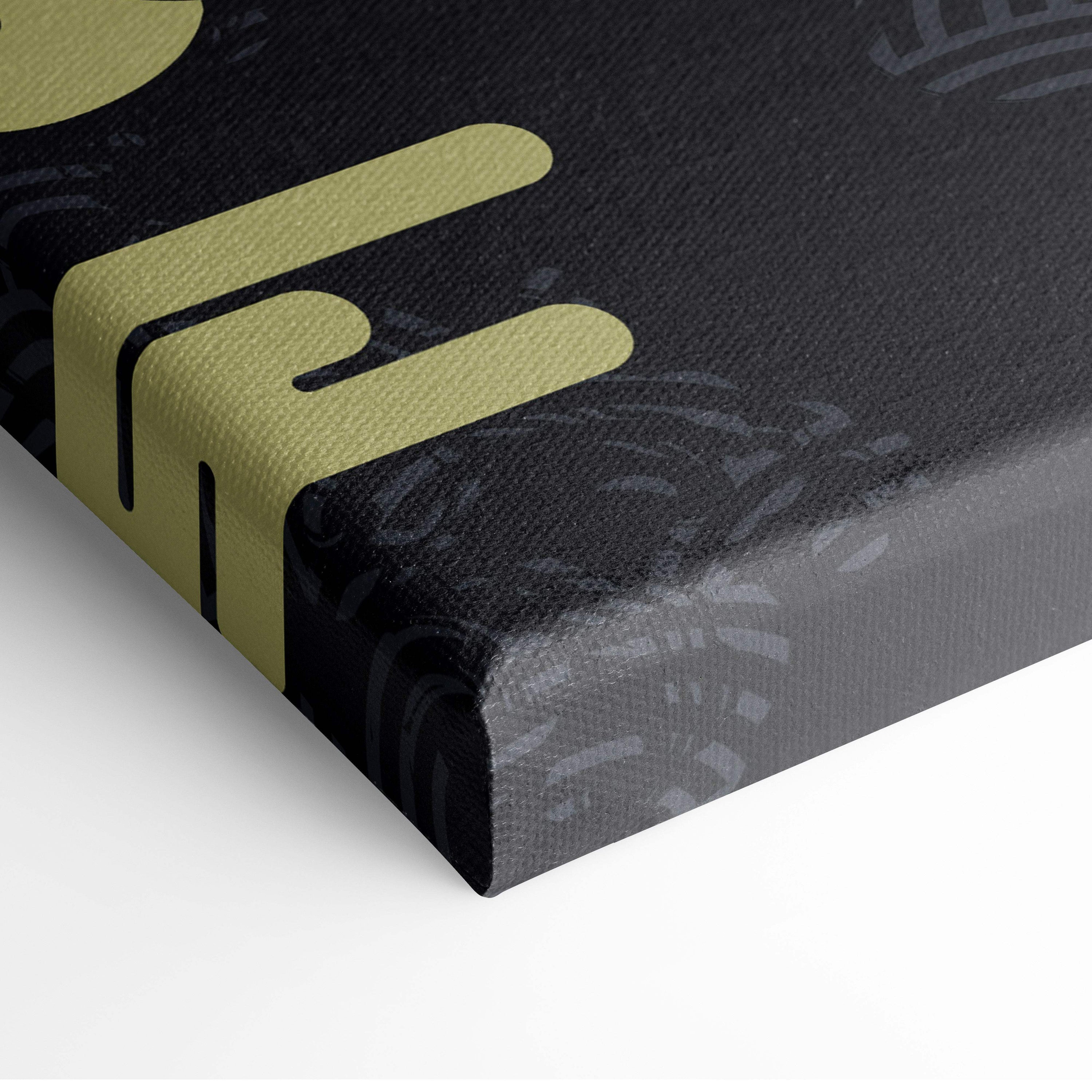 White rabbit moon canvas wall art in black with gold foil accents and subtle gray patterned background for nursery decor