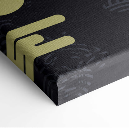 White rabbit moon canvas wall art in black with gold foil accents and subtle gray patterned background for nursery decor