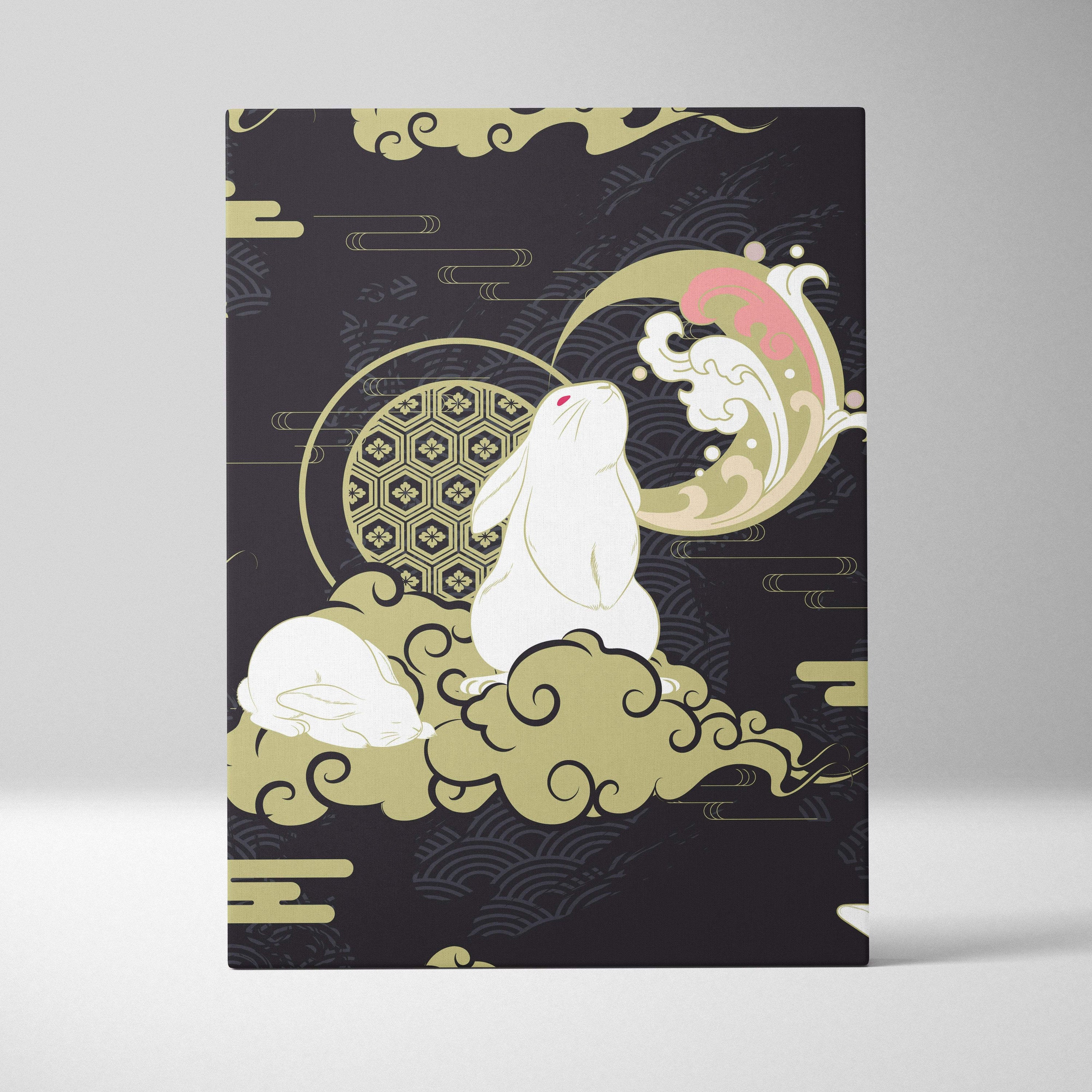Black canvas print of white rabbit with red eyes on gold clouds with japanese tattoo motifs for nursery decor
