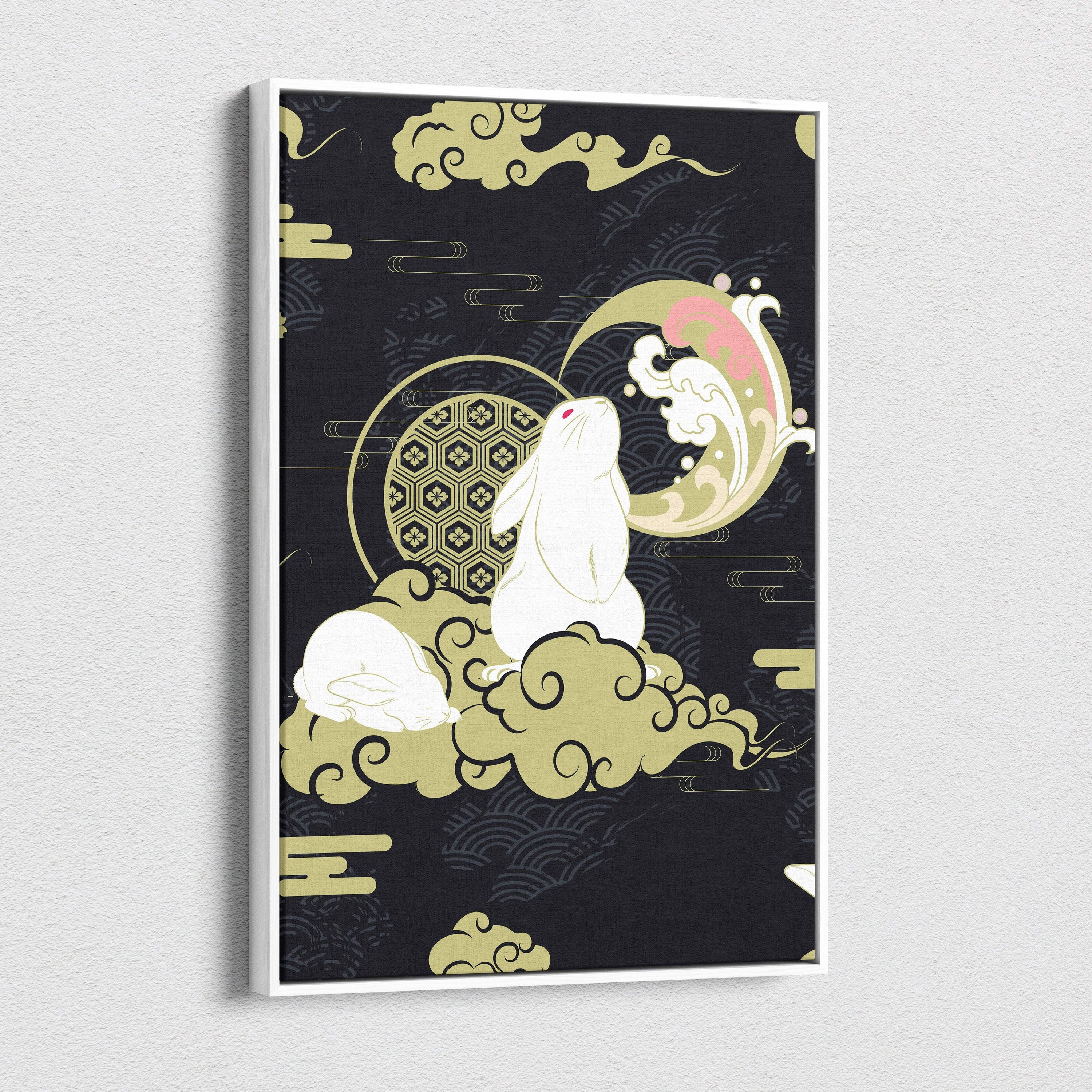 A framed white rabbit moon canvas wall art with gold clouds and pink geometric patterns in Japanese tattoo style