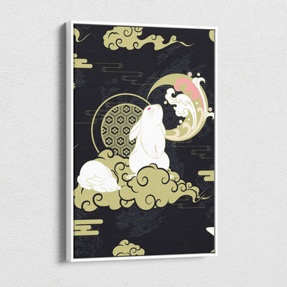 A framed white rabbit moon canvas wall art with gold clouds and pink geometric patterns in Japanese tattoo style