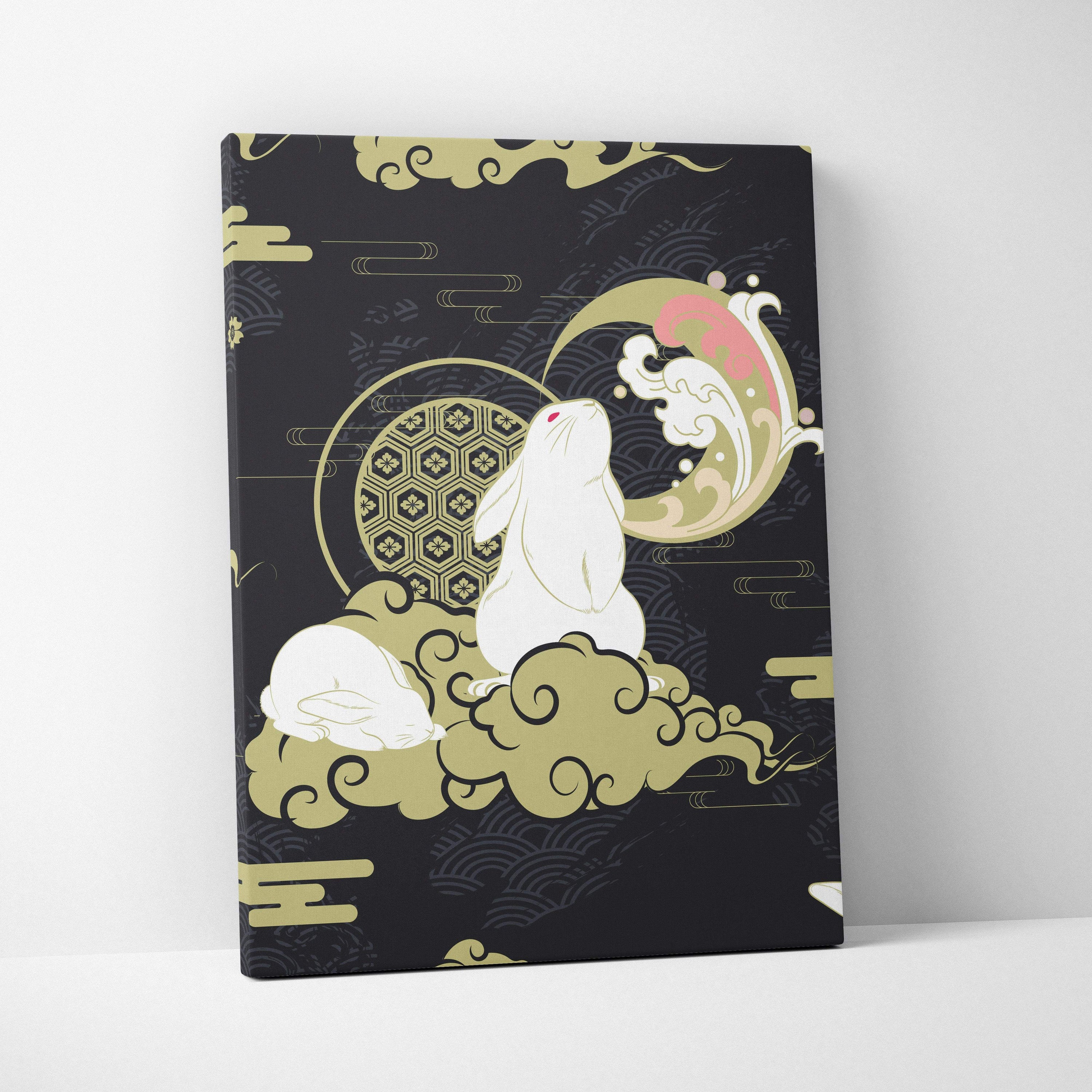 Black canvas print featuring a white rabbit on gold clouds with geometric patterns in japanese tattoo style wall art