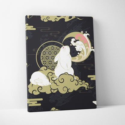 Black canvas print featuring a white rabbit on gold clouds with geometric patterns in japanese tattoo style wall art