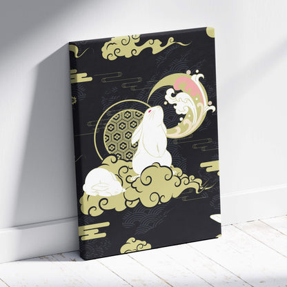 Black canvas print of a white rabbit on gold clouds with pink and gold geometric patterns in japanese tattoo style wall art