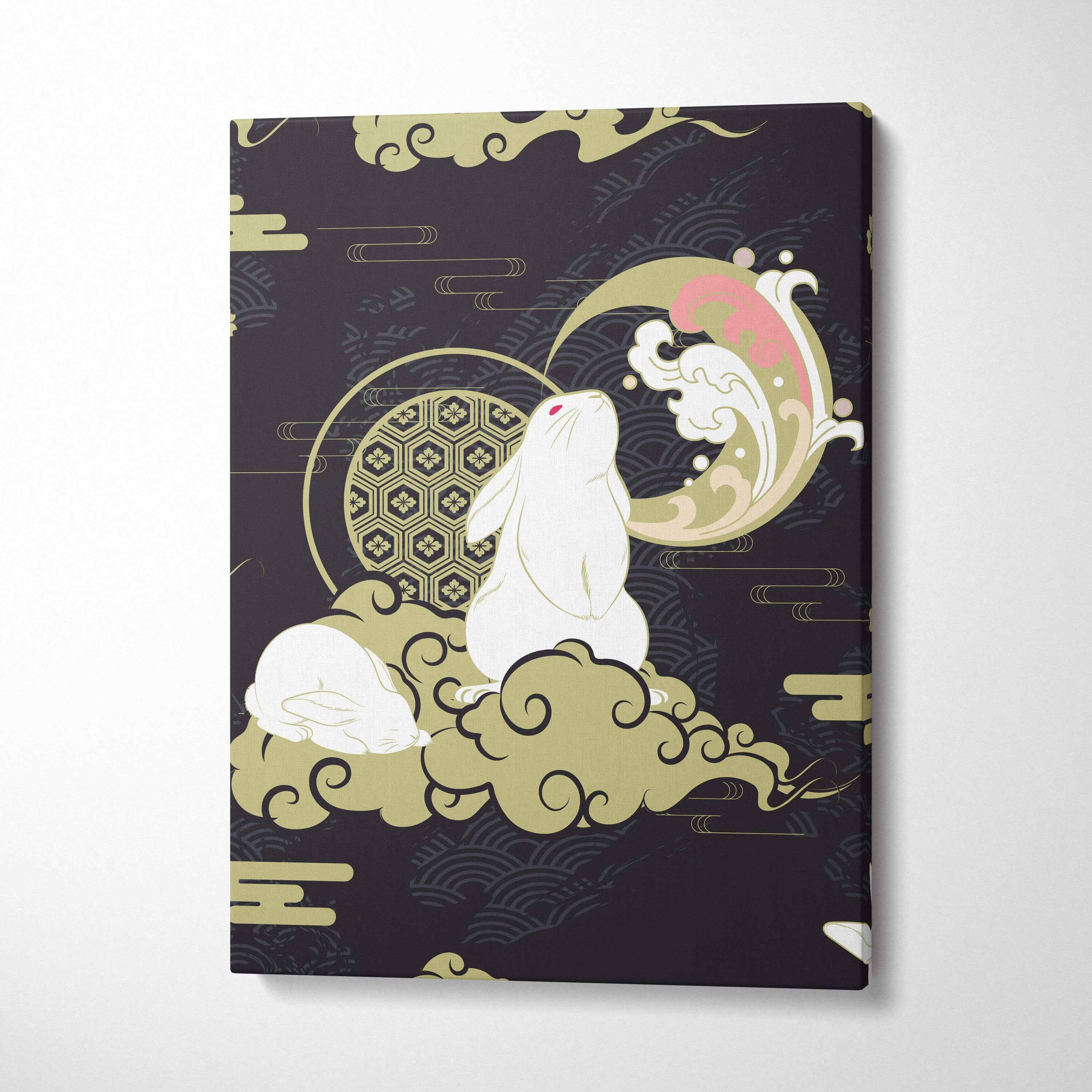 Black canvas print of white rabbit on gold clouds under crescent moon with pink and gold japanese tattoo patterns