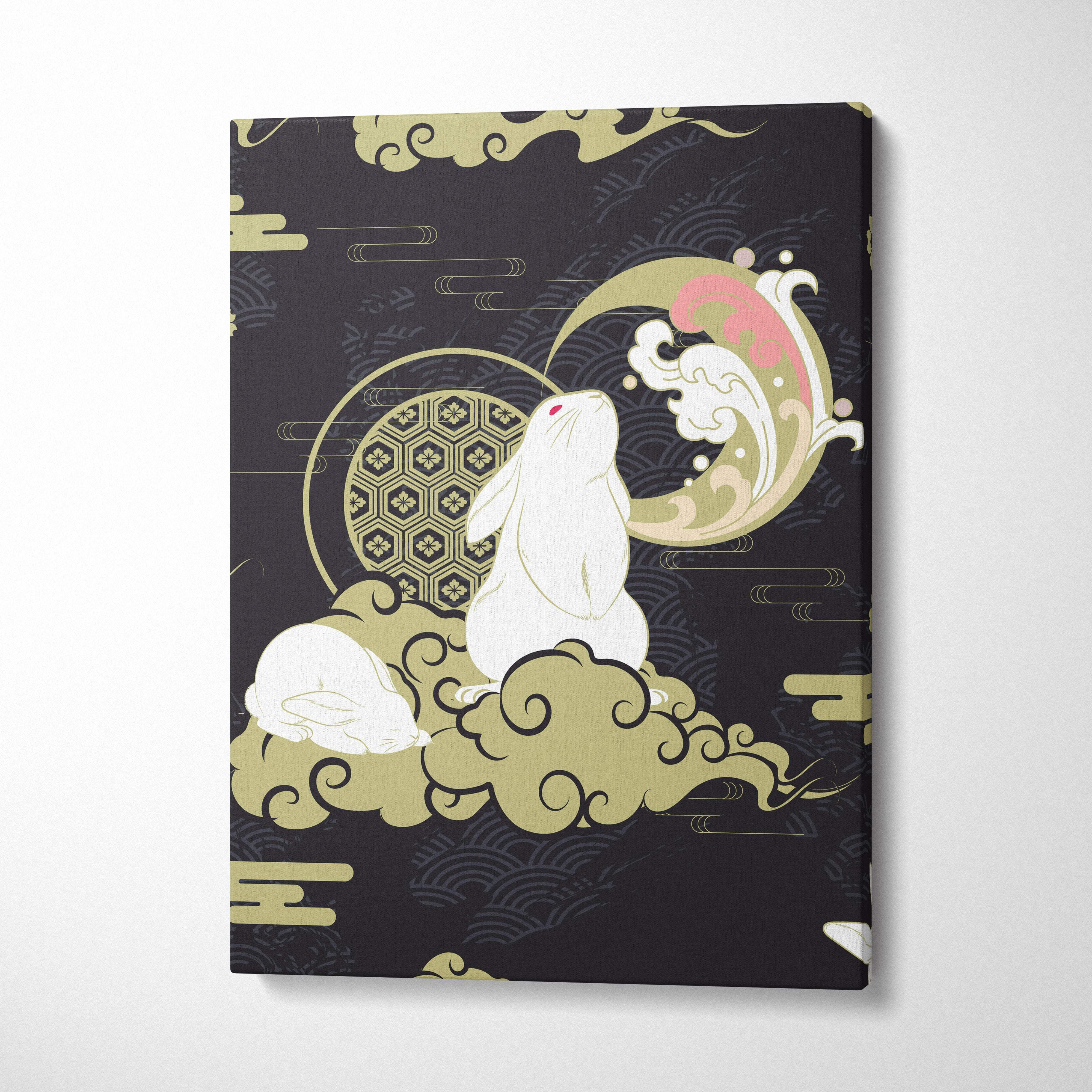 Black canvas print of white rabbit on gold clouds under crescent moon with pink and gold japanese tattoo patterns