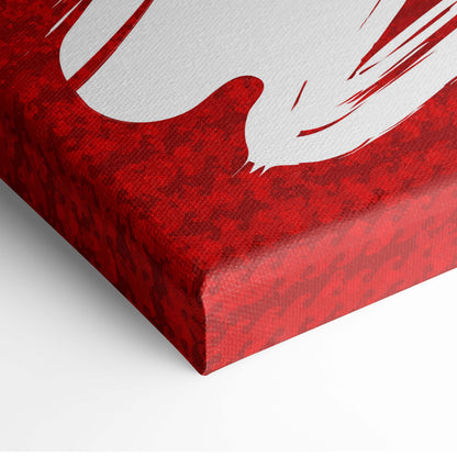 Red crane canvas wall art with bold white stylized bird design in japanese tattoo style for living room decor