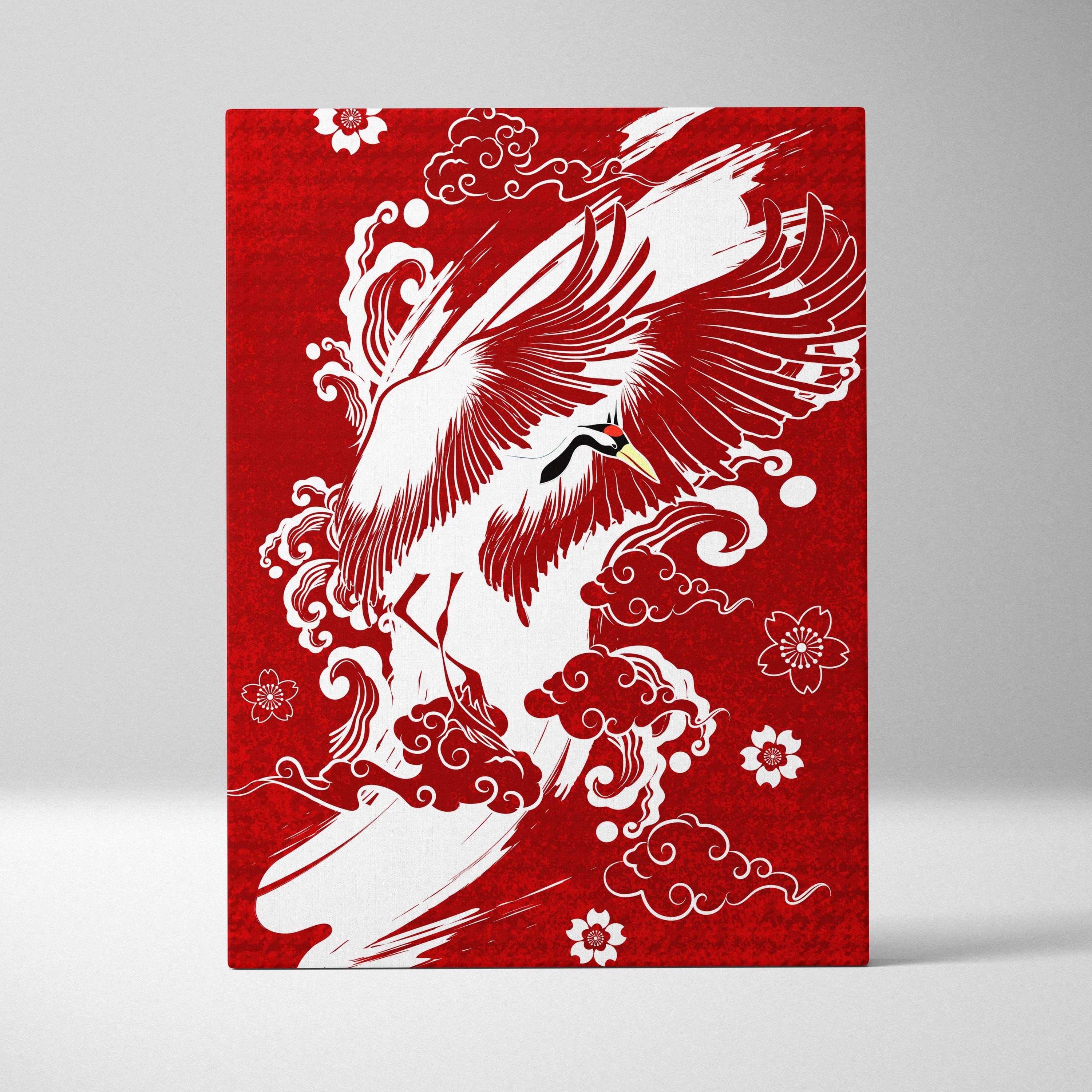 Red canvas wall art featuring a white crane in flight with swirling clouds and cherry blossoms japanese tattoo style
