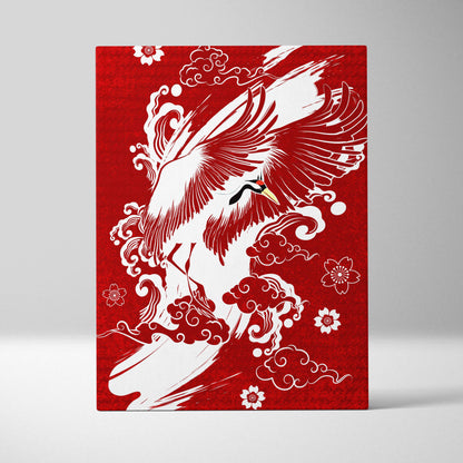 Red canvas wall art featuring a white crane in flight with swirling clouds and cherry blossoms japanese tattoo style
