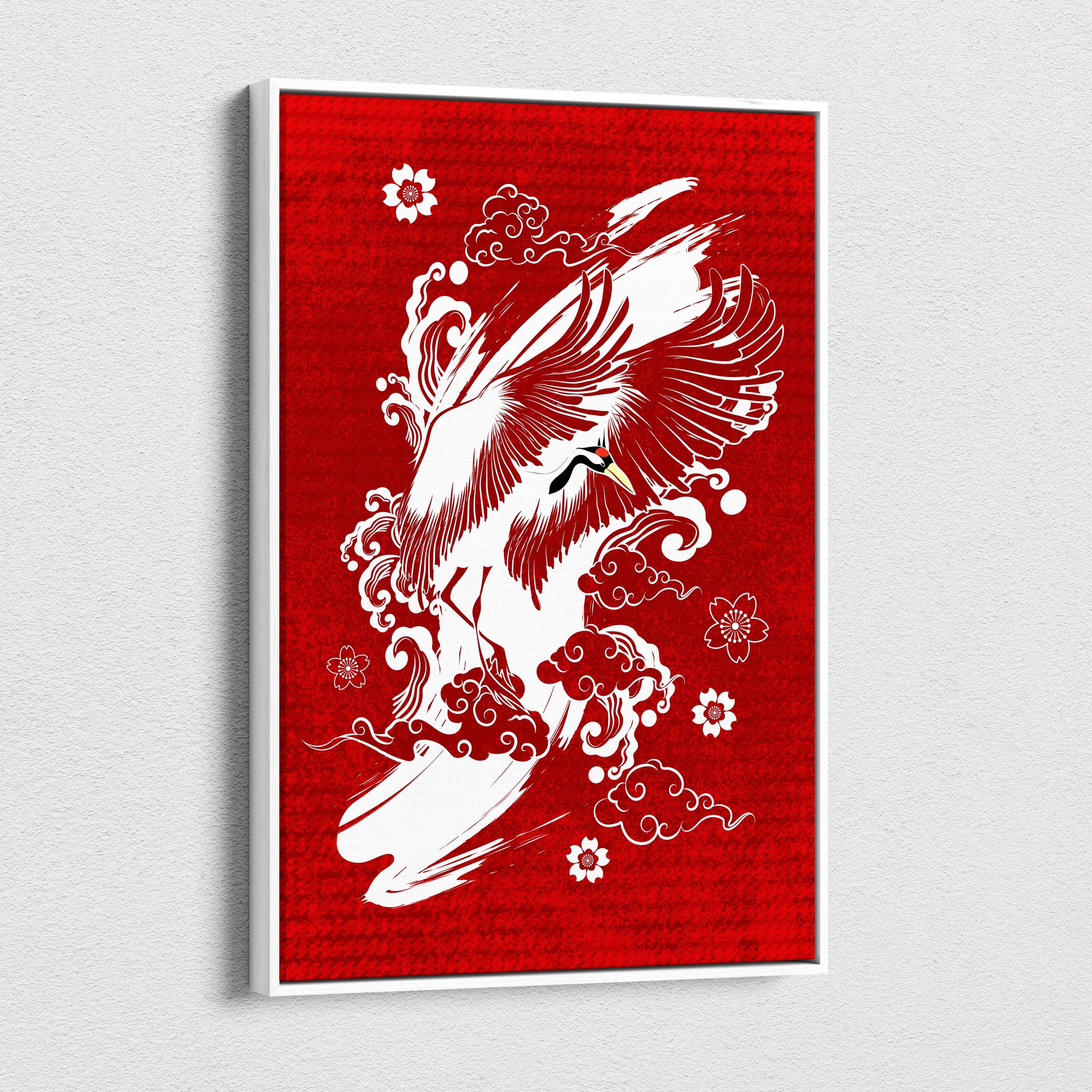 Framed red crane canvas wall art featuring a white crane with outstretched wings and cherry blossoms in japanese style