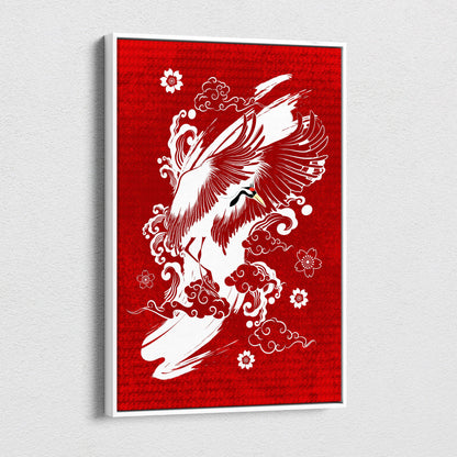 Framed red crane canvas wall art featuring a white crane with outstretched wings and cherry blossoms in japanese style