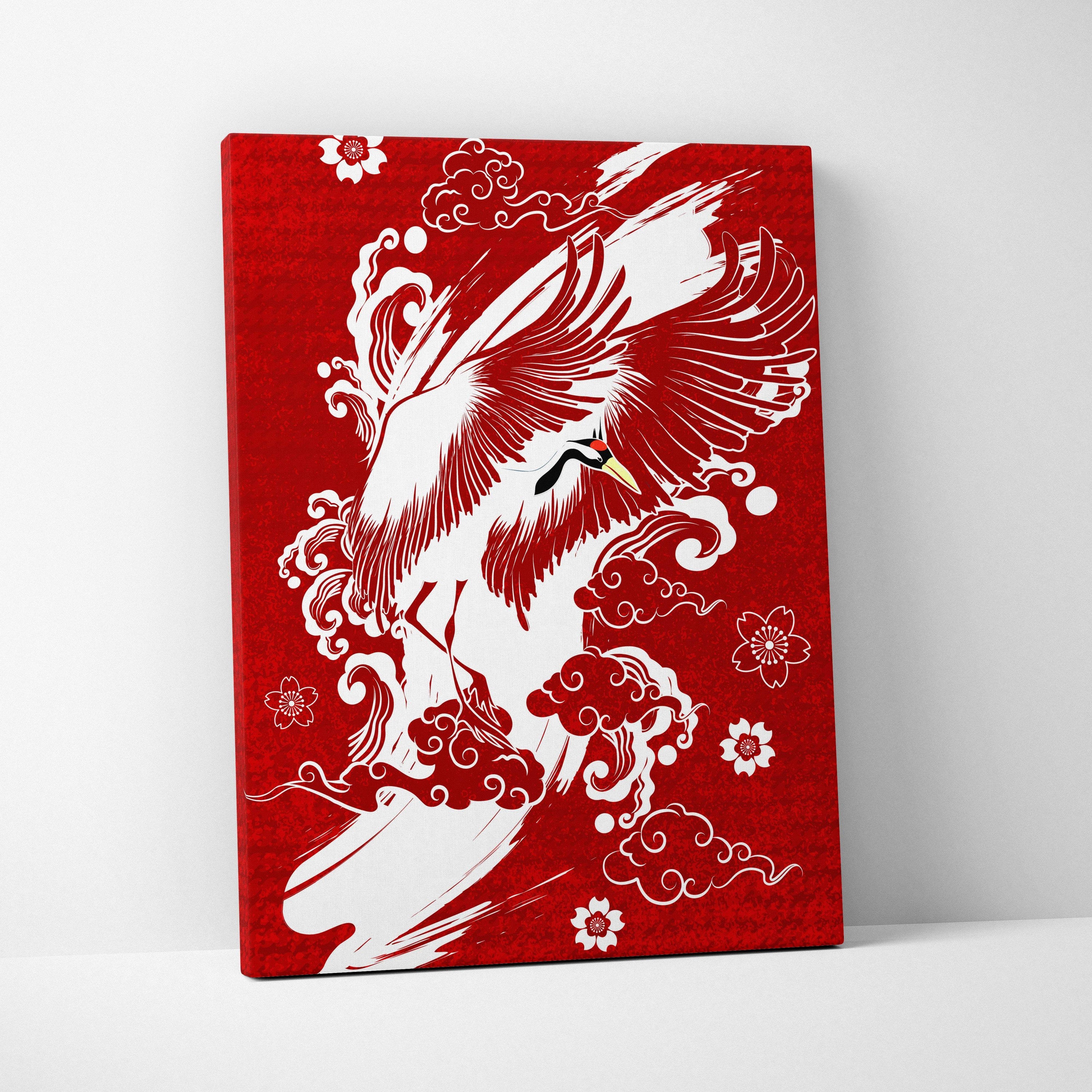 Red crane canvas wall art featuring white crane in flight with cherry blossoms and clouds in bold japanese tattoo style