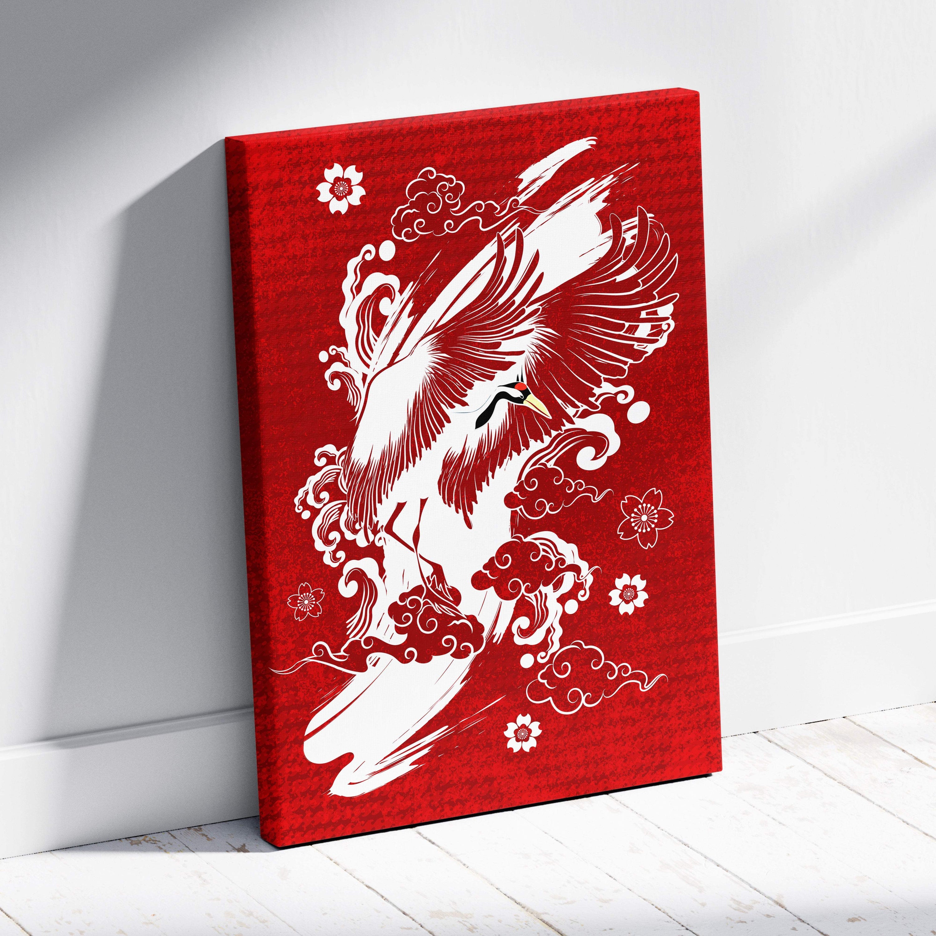 Red crane canvas wall art with white stylized crane in flight on red background featuring clouds and cherry blossoms